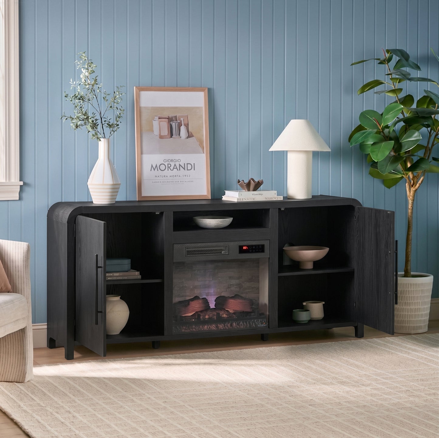 Chantelle 70” Modern Curved TV Stand with duraflame® Smart Electric Fireplace, Alexa Voice & App Control