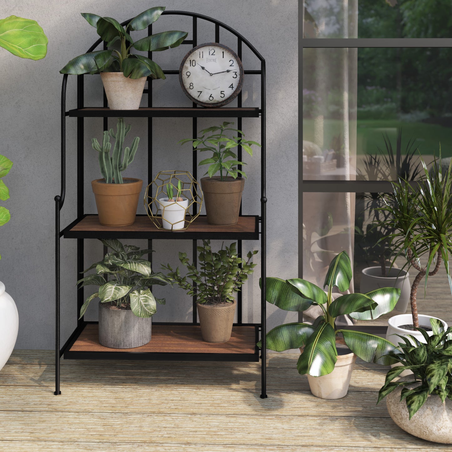 TK Classics Plant Stand with Planked Acacia Shelves