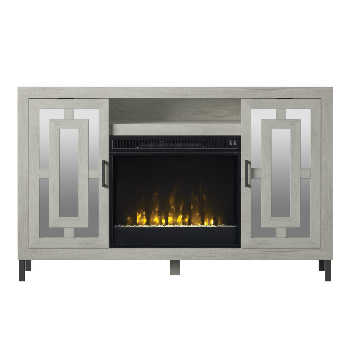 TV Stand for TVs up to 60" with Electric Fireplace and Mirrored Cabinet Doors