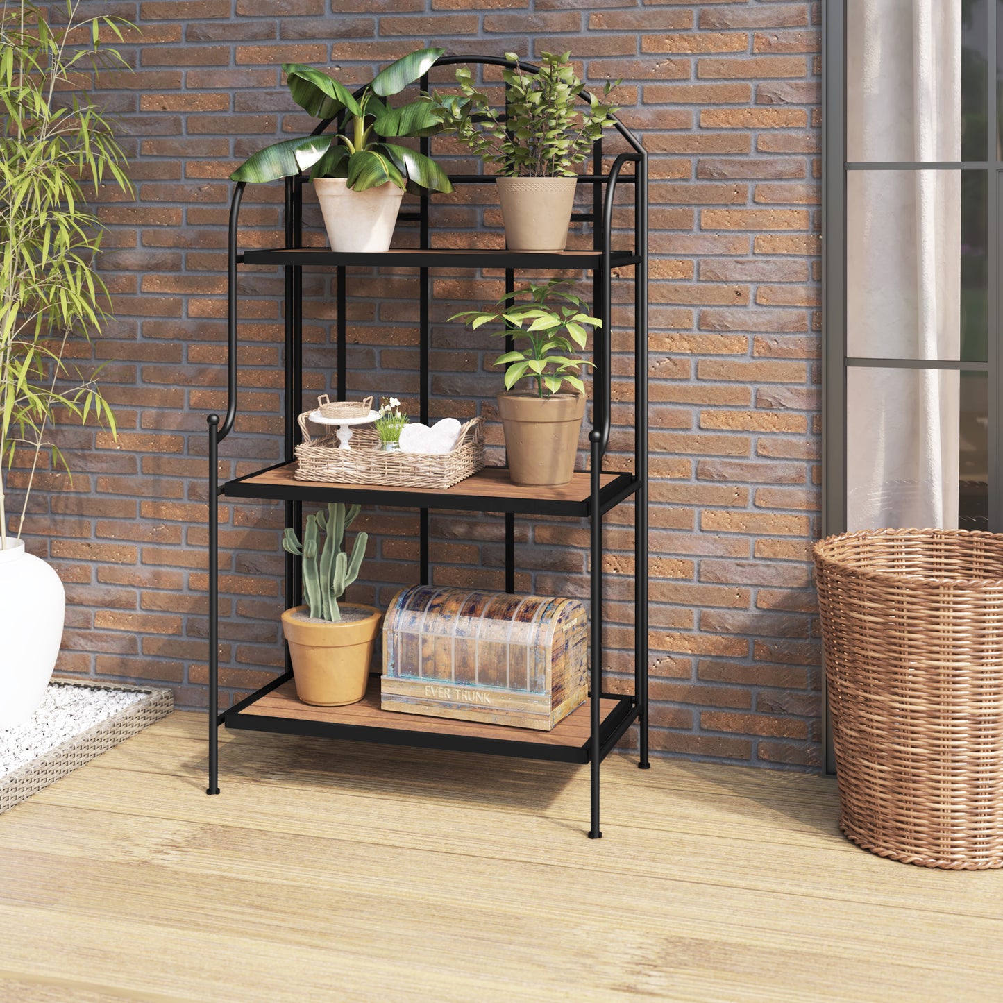TK Classics Plant Stand with Planked Acacia Shelves