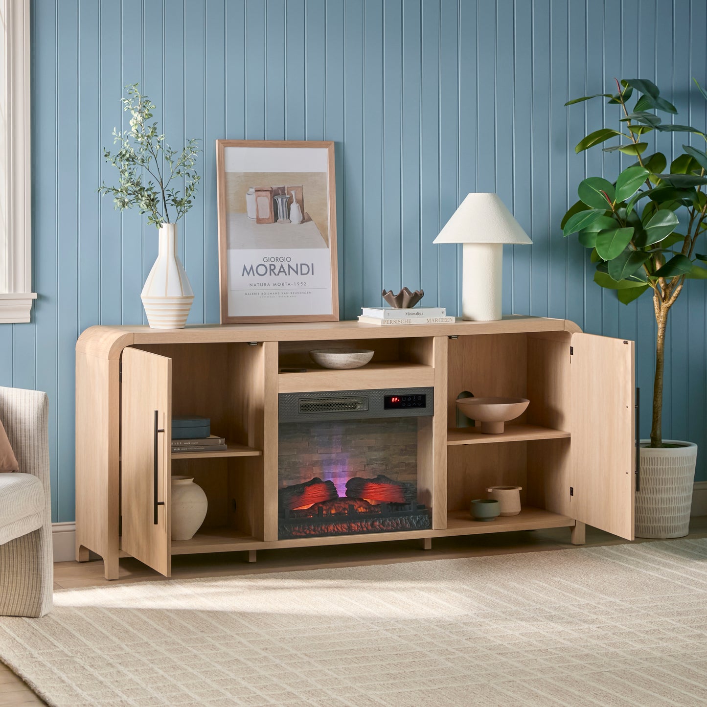Chantelle 70” Modern Curved TV Stand with duraflame® Smart Electric Fireplace, Alexa Voice & App Control
