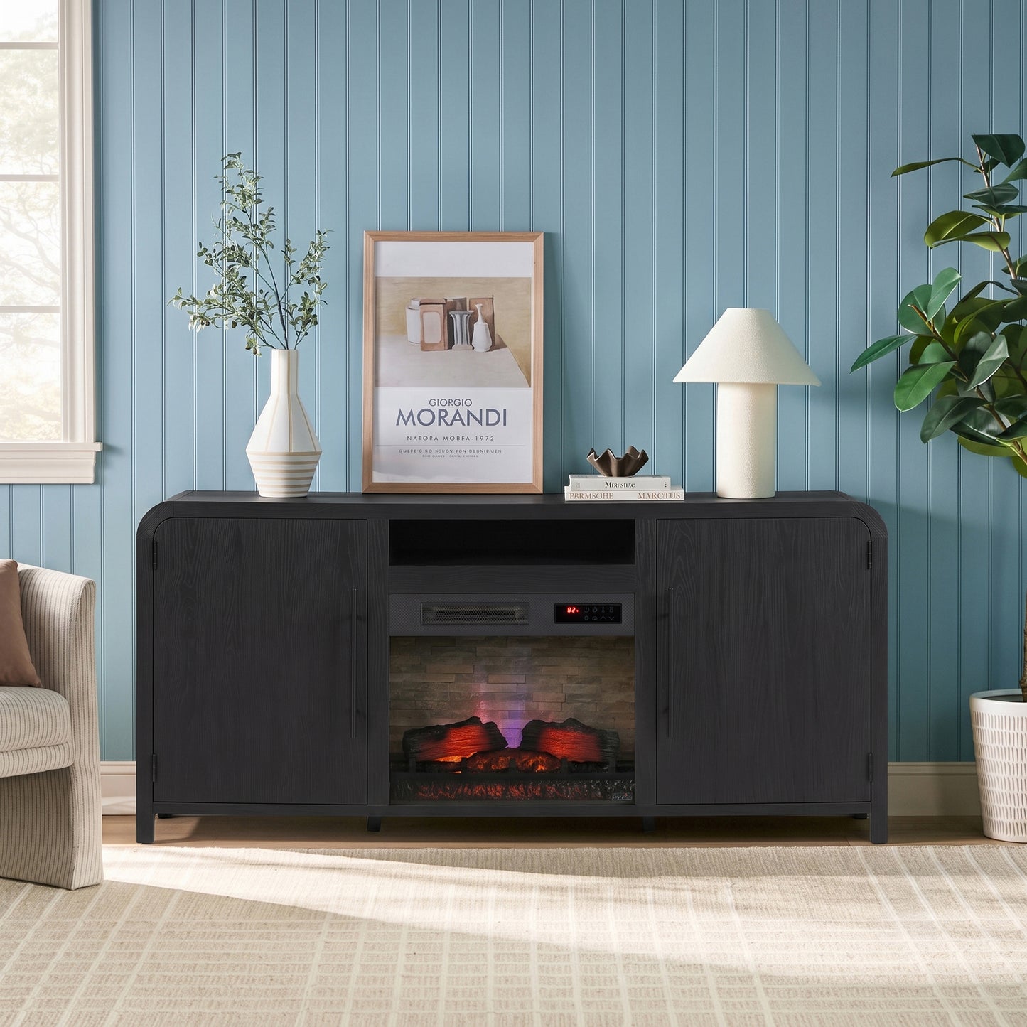 Chantelle 70” Modern Curved TV Stand with duraflame® Smart Electric Fireplace, Alexa Voice & App Control