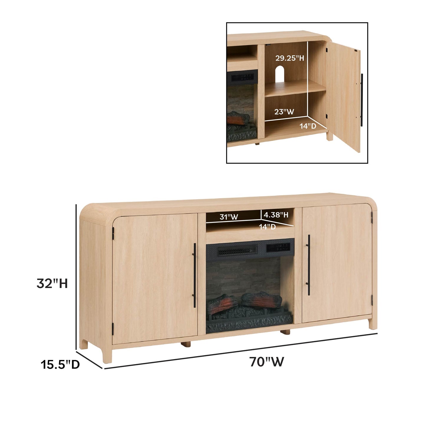 Chantelle 70” Modern Curved TV Stand with duraflame® Smart Electric Fireplace, Alexa Voice & App Control