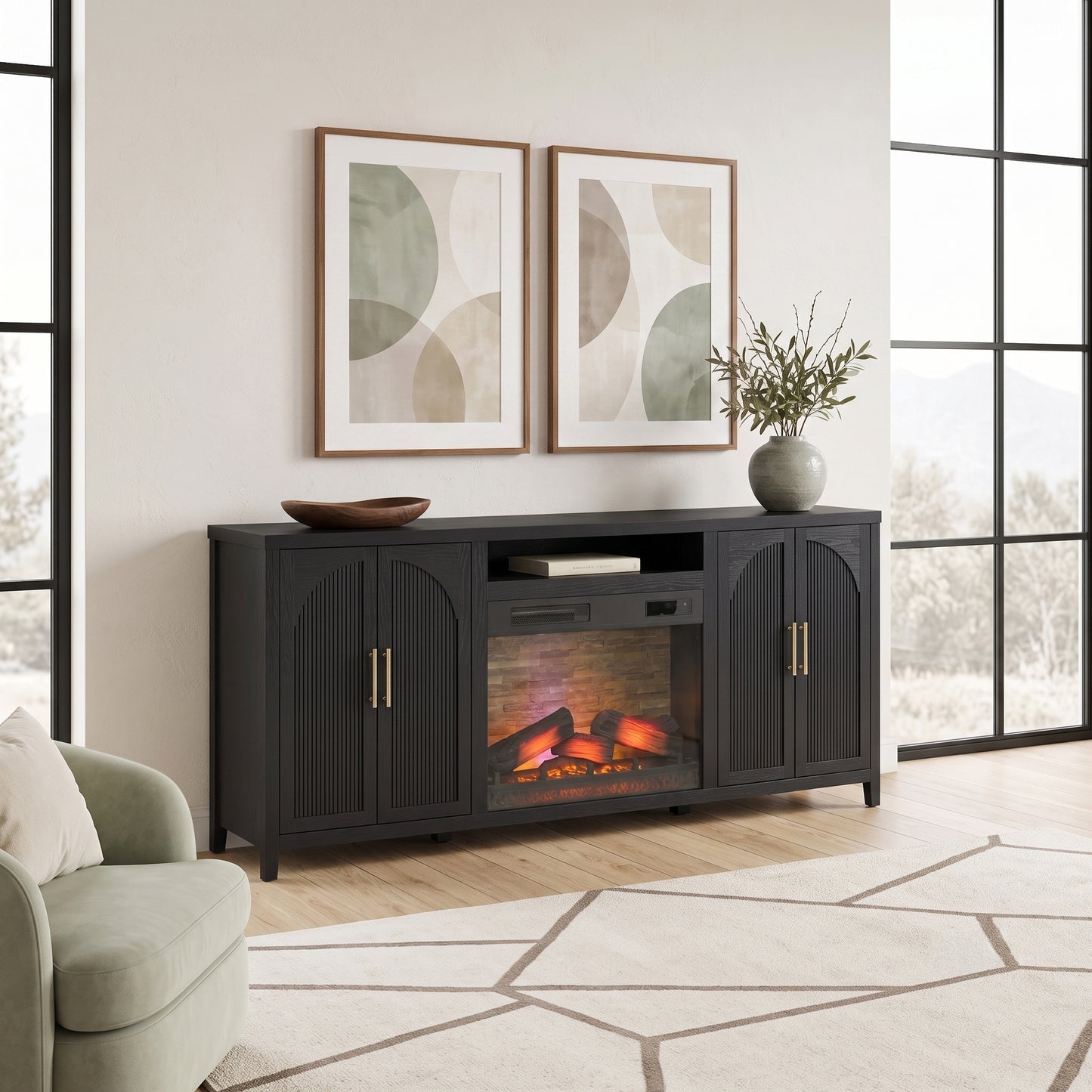 Sasha 80" Modern Reeded TV Stand with duraflame® Smart Electric Fireplace