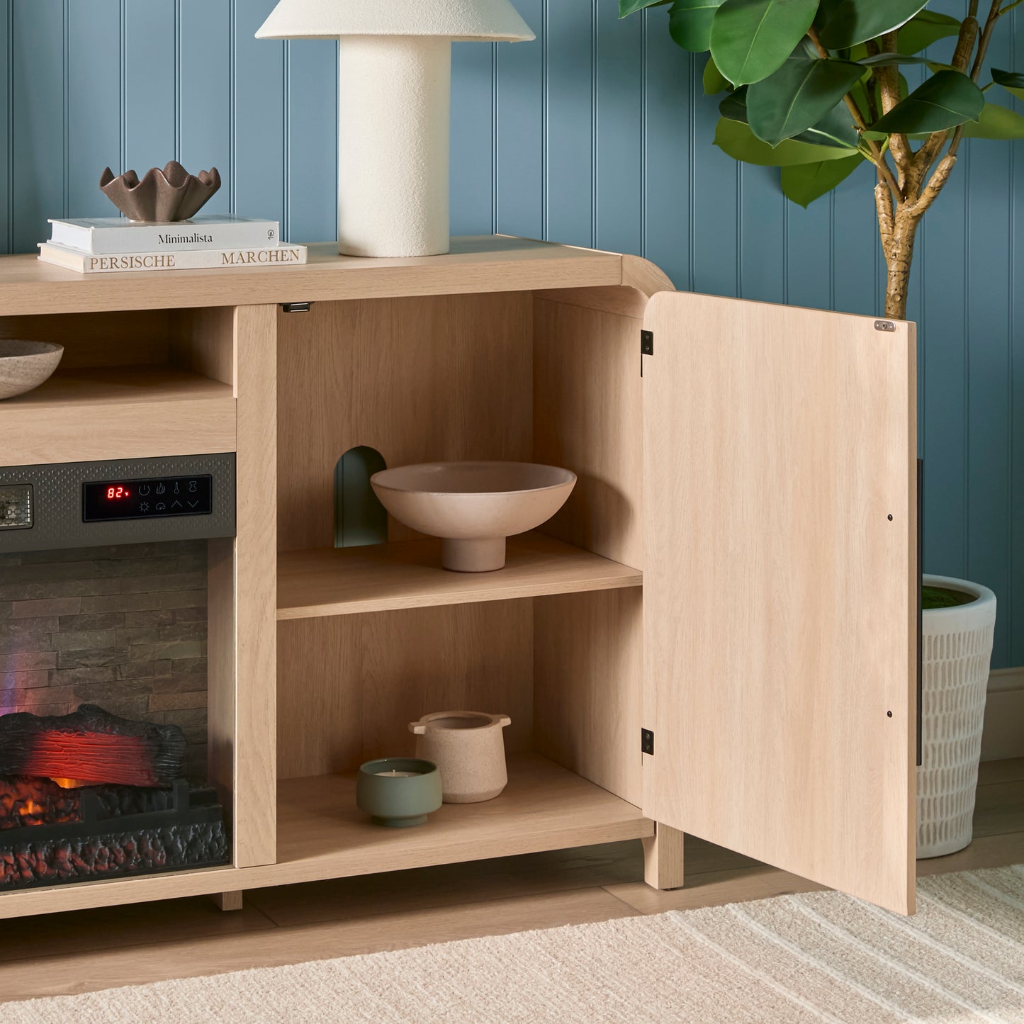 Chantelle 70” Modern Curved TV Stand with duraflame® Smart Electric Fireplace, Alexa Voice & App Control