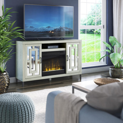TV Stand for TVs up to 60" with Electric Fireplace and Mirrored Cabinet Doors