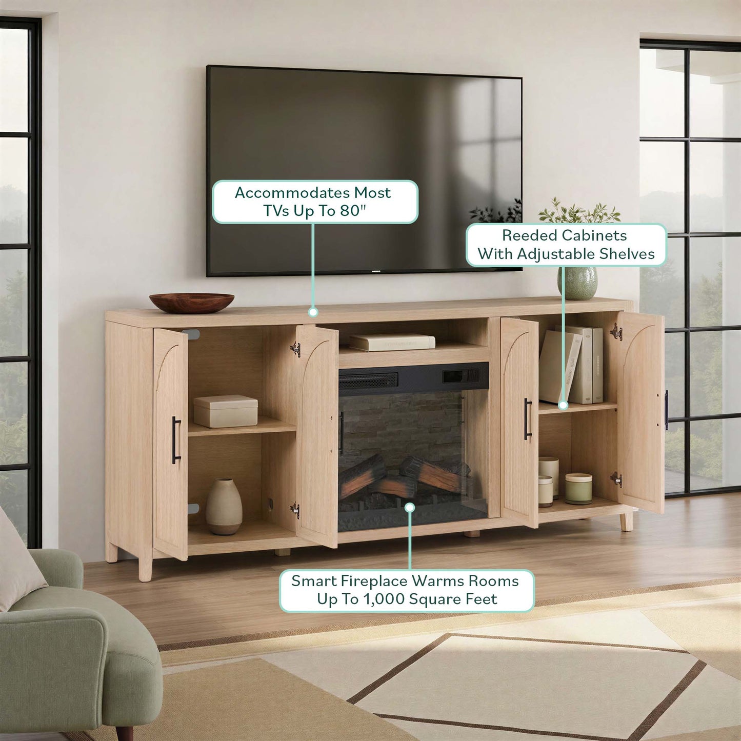Sasha 80" Modern Reeded TV Stand with duraflame® Smart Electric Fireplace