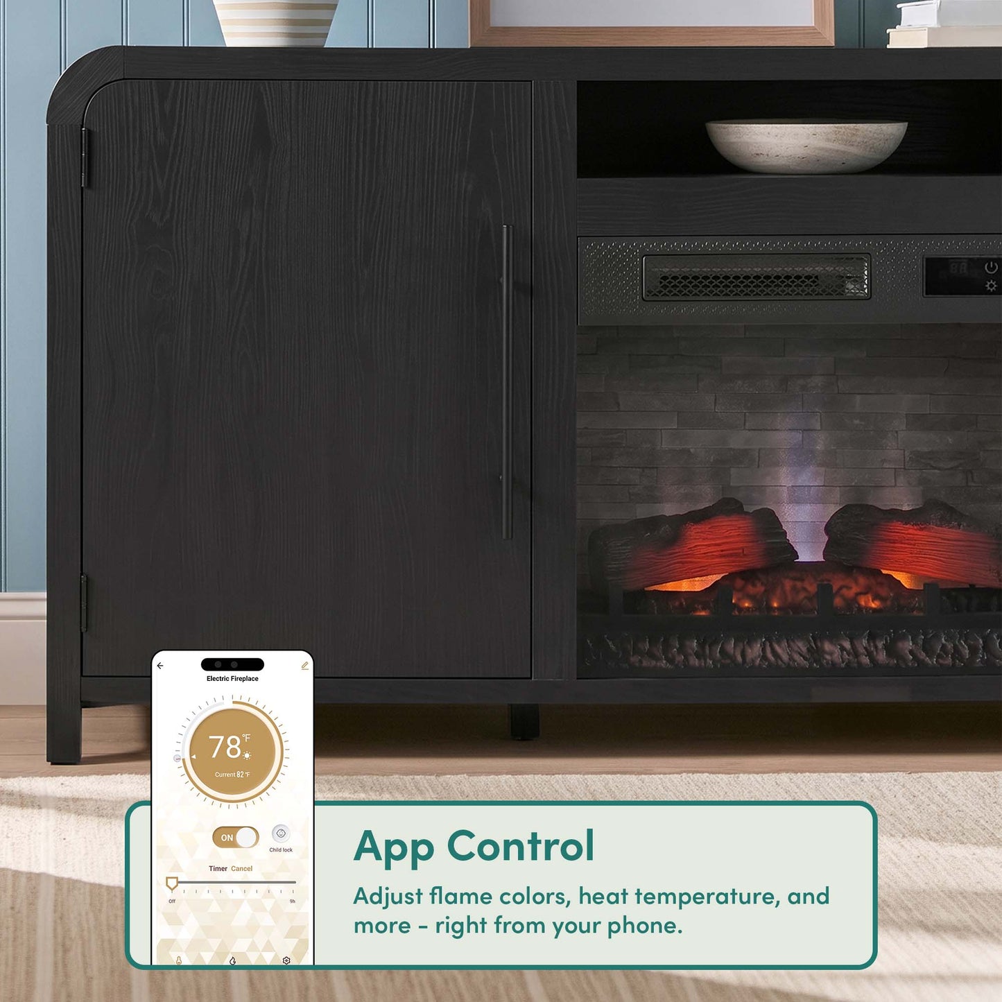 Chantelle 70” Modern Curved TV Stand with duraflame® Smart Electric Fireplace, Alexa Voice & App Control