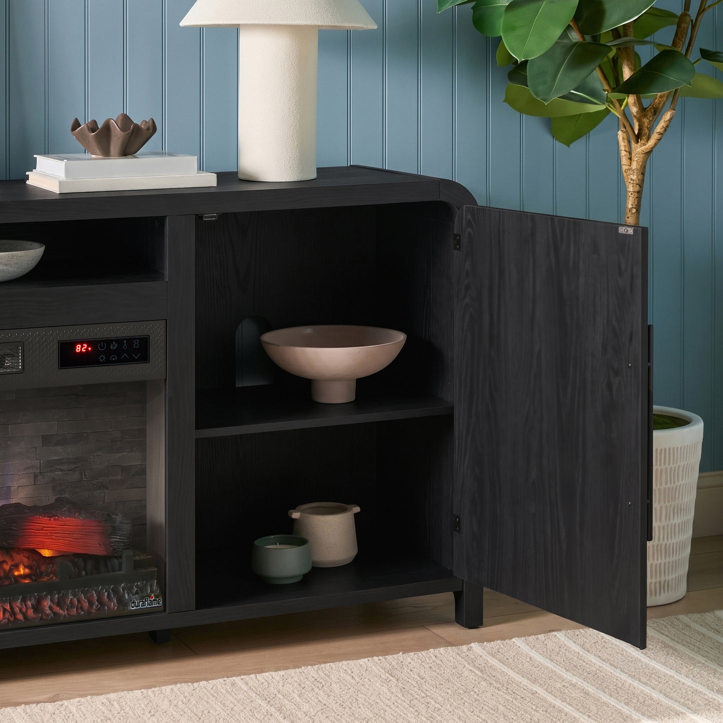 Chantelle 70” Modern Curved TV Stand with duraflame® Smart Electric Fireplace, Alexa Voice & App Control