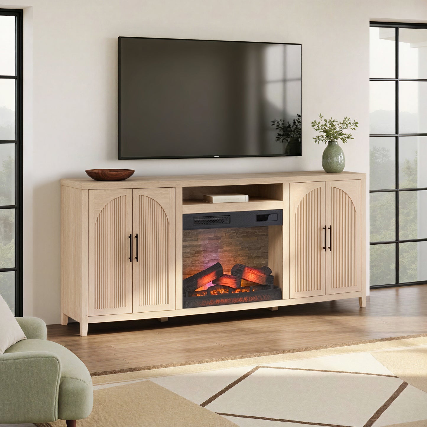 Sasha 80" Modern Reeded TV Stand with duraflame® Smart Electric Fireplace