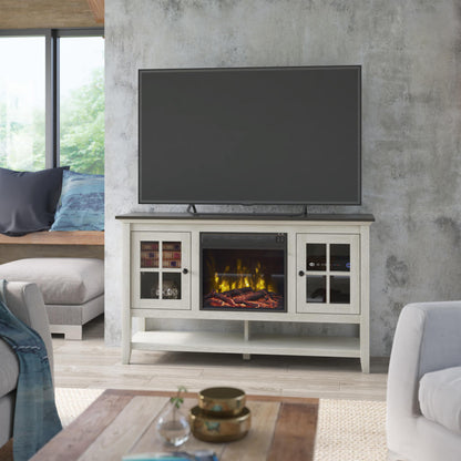 TV Stand for TVs up to 60" with Electric Fireplace and Window Pane Glass Doors