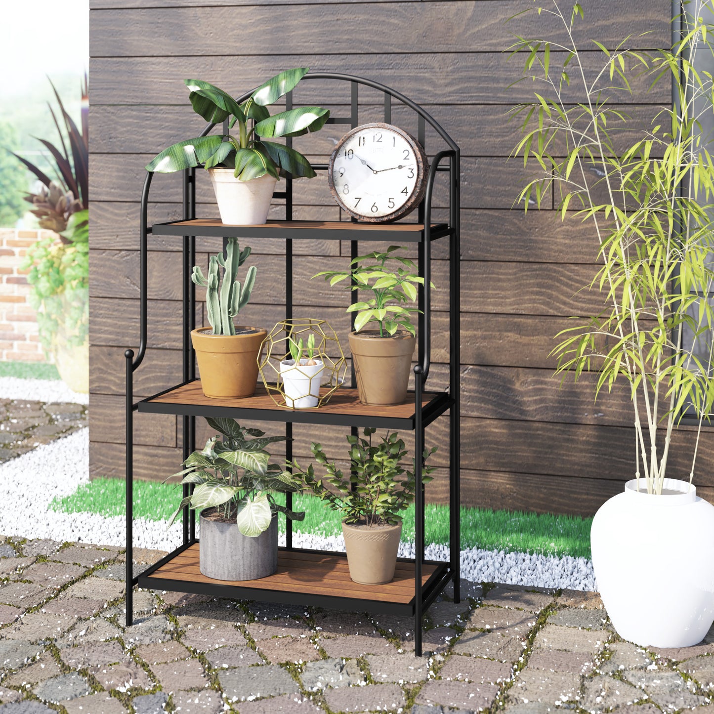 TK Classics Plant Stand with Planked Acacia Shelves