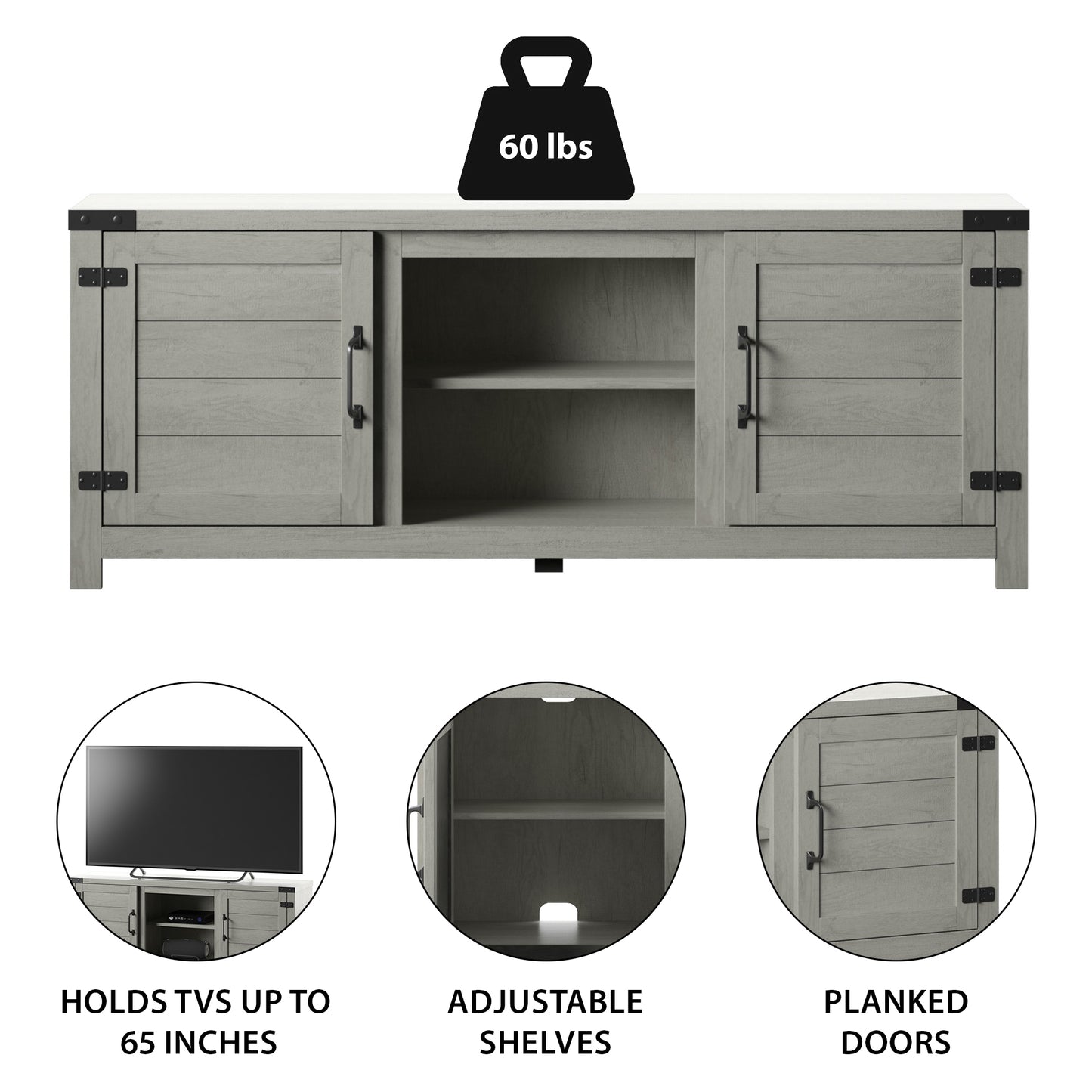TV Stand for TVs up to 65" with Planked Doors and Nail Head Details