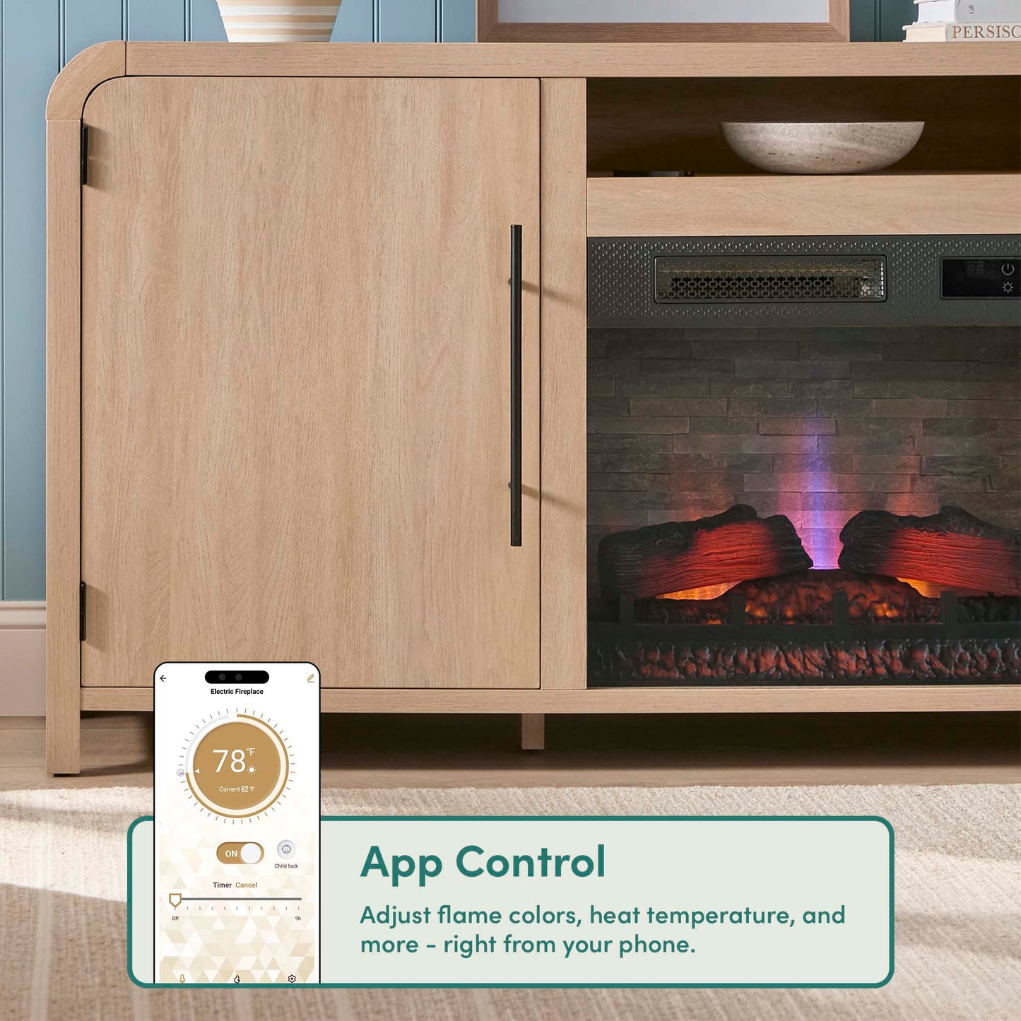 Chantelle 70” Modern Curved TV Stand with duraflame® Smart Electric Fireplace, Alexa Voice & App Control