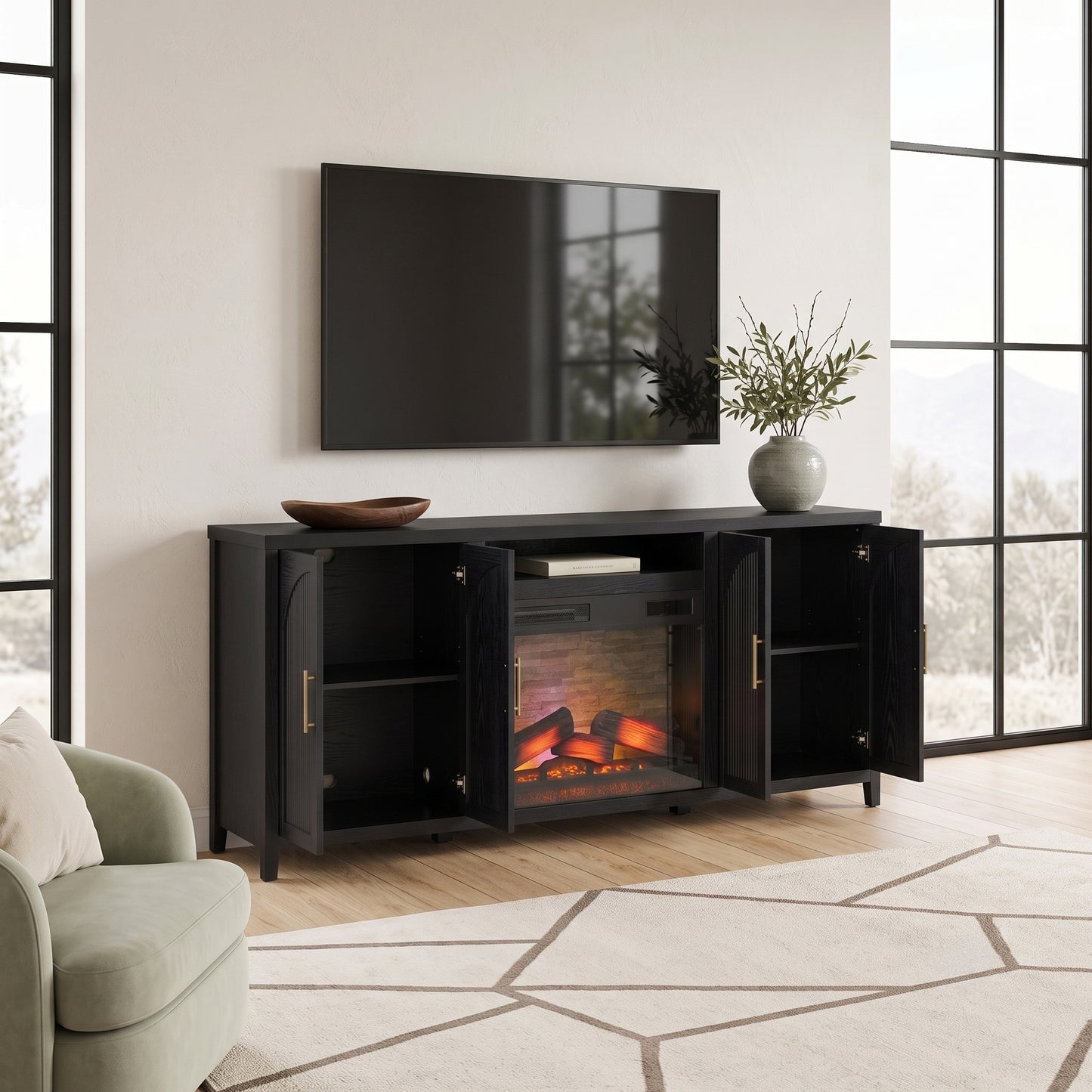 Sasha 80" Modern Reeded TV Stand with duraflame® Smart Electric Fireplace