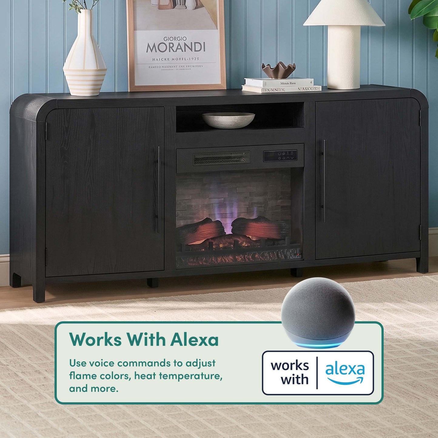 Chantelle 70” Modern Curved TV Stand with duraflame® Smart Electric Fireplace, Alexa Voice & App Control