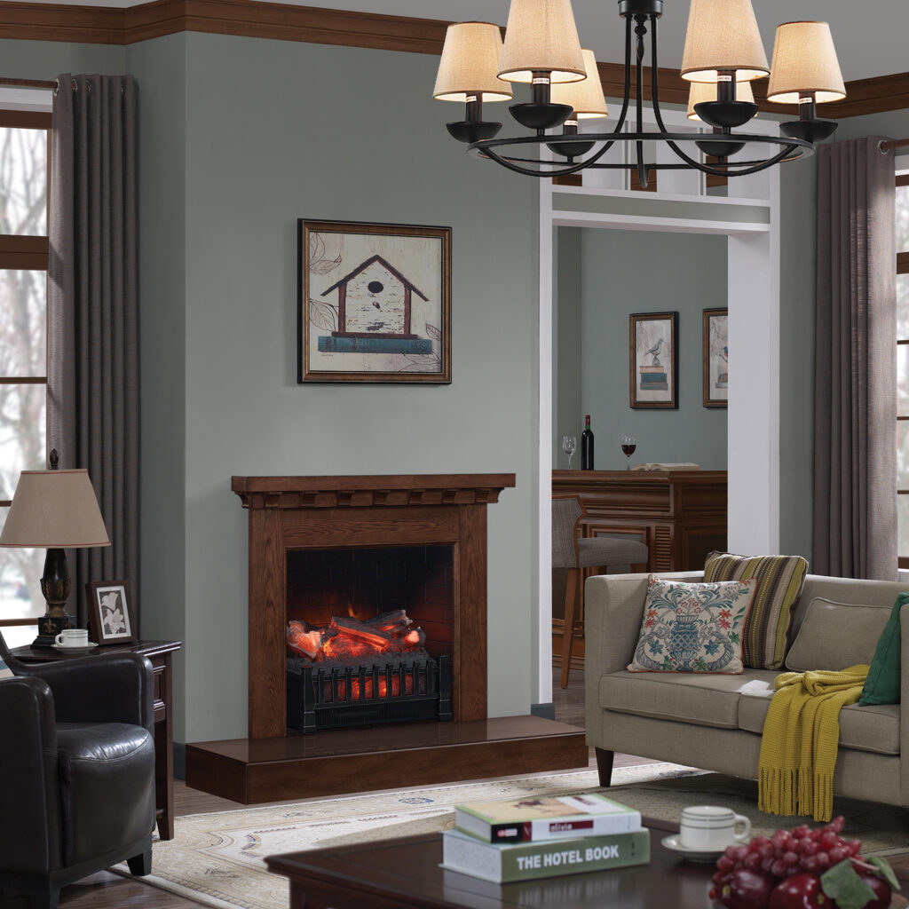 logs glow and flames dance in a fireplace in a living room