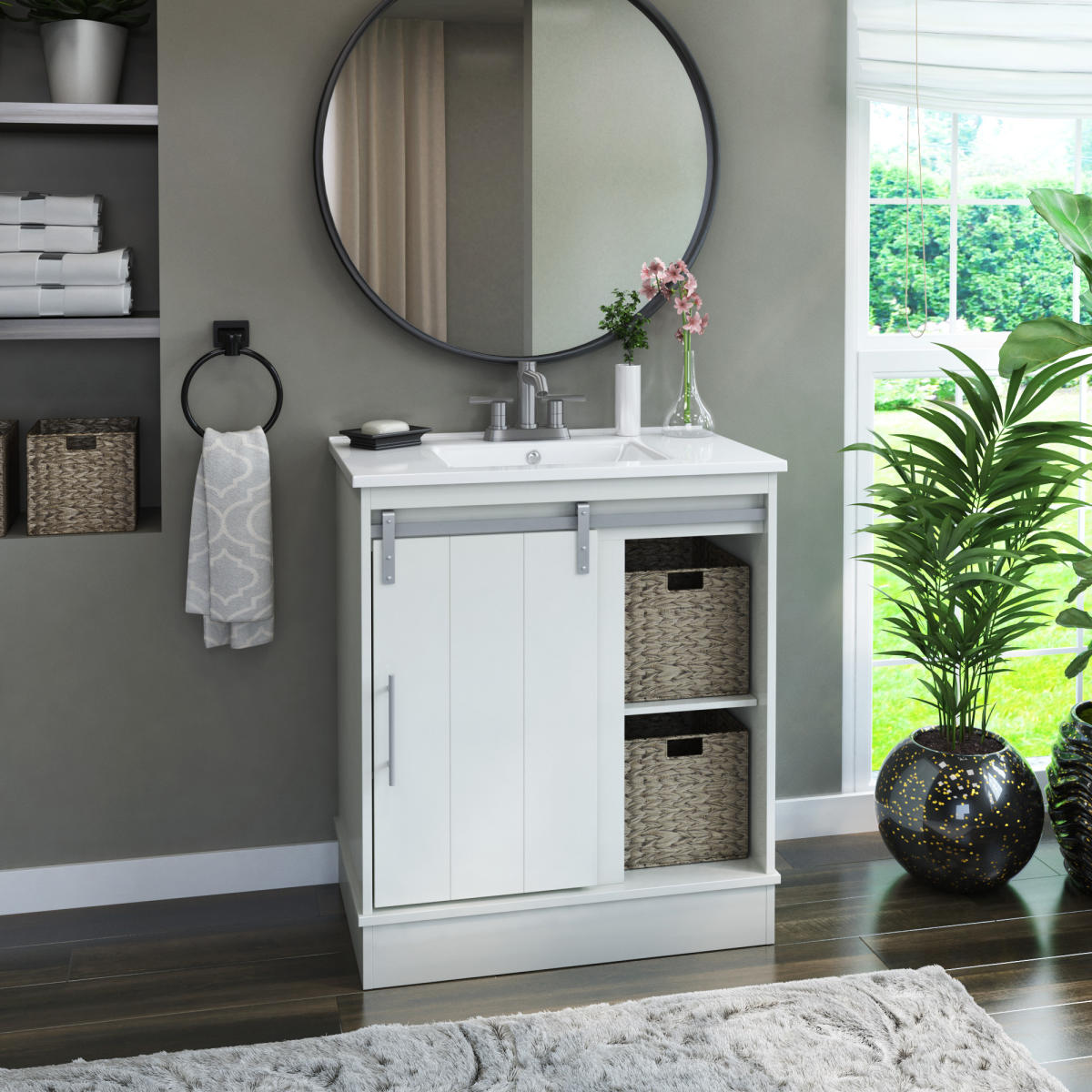 Dalton 30″ Sliding Barn Door Single Bathroom Vanity with Woven Baskets