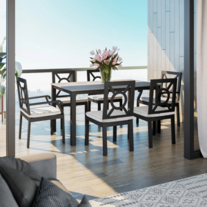 black metal dining chairs with beautiful white patio cushions make for a stunning labor day dinner party