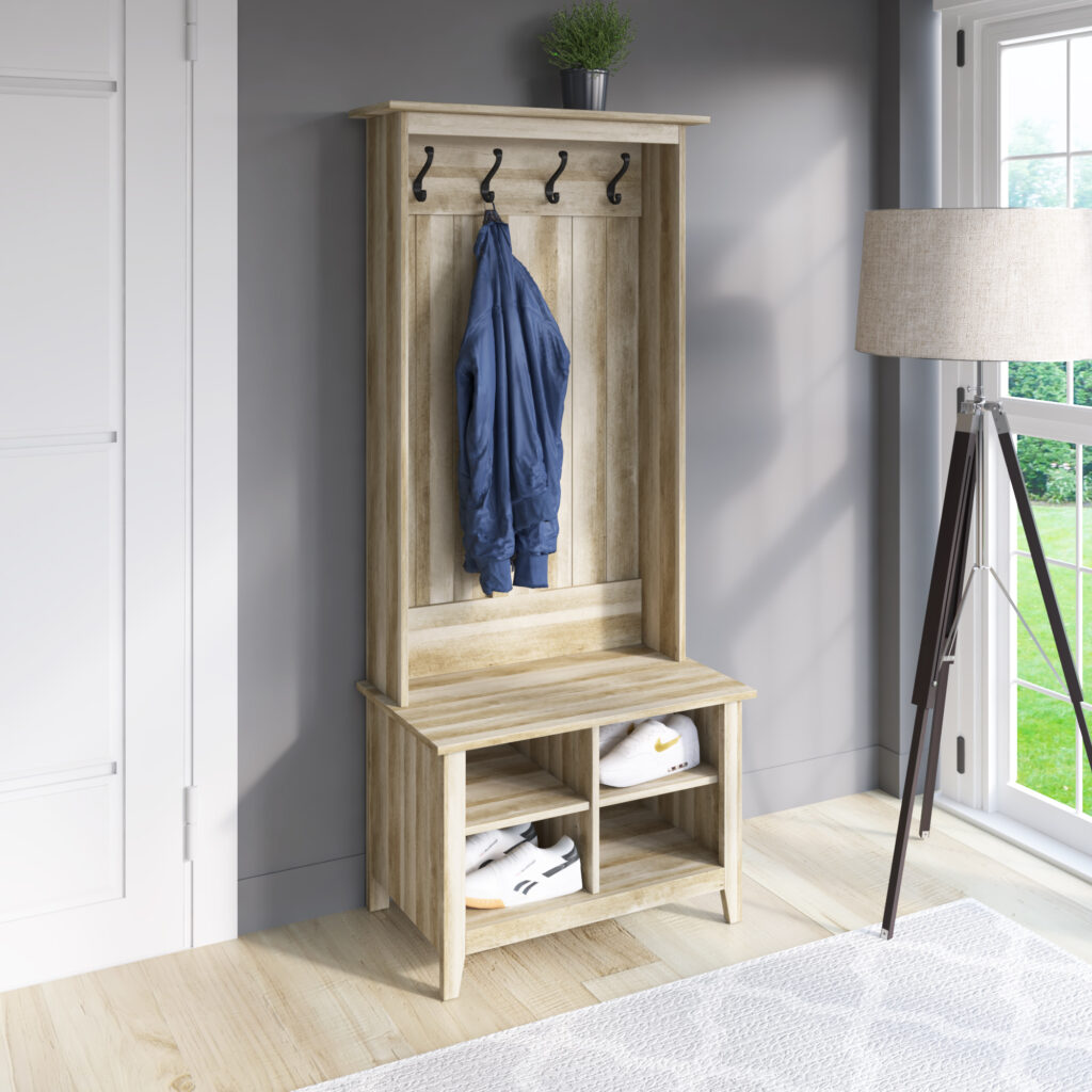 A wooden hallway tree holds a single shirt in a house's entryway.
