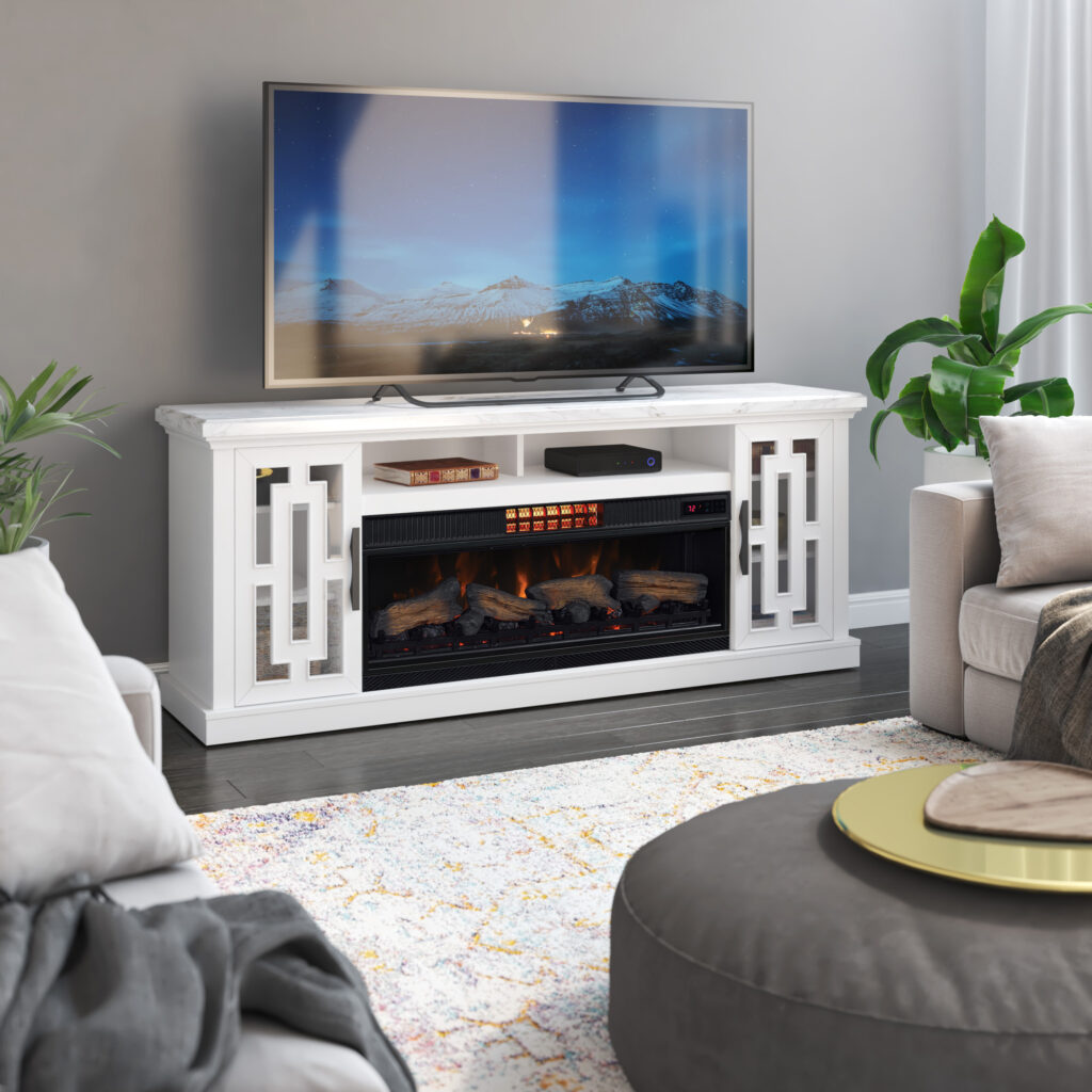 white tv console with mirrored cabinets and integrated central fireplace