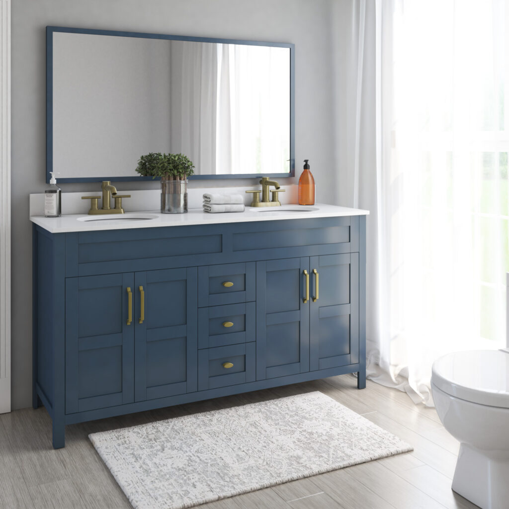 teal blue bathroom vanity in a white bathroom