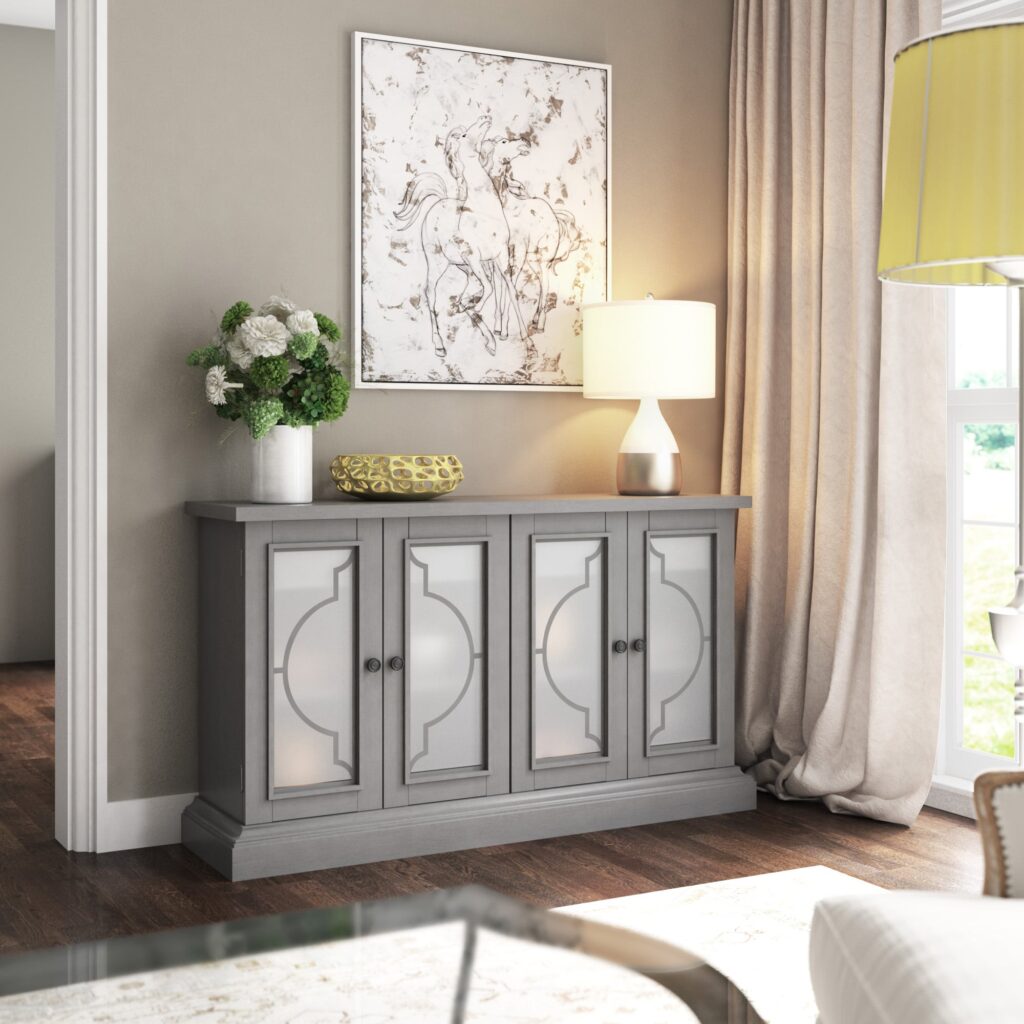 twin star home antique gray wood 56 in sideboard with frosted glass doors in a coastal setting