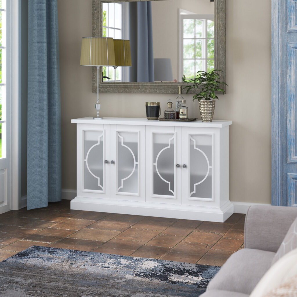 OT6548PT85LARENDROOM03 Twin Star International white sideboard with large glass cabinets keep your bar essentials organized