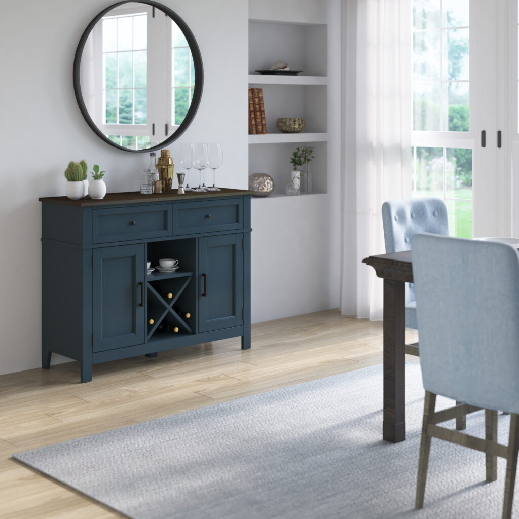 OT6783TPP02L1 Twin Star International teal blue cabinet with a spot for wine storage in a white dining room
