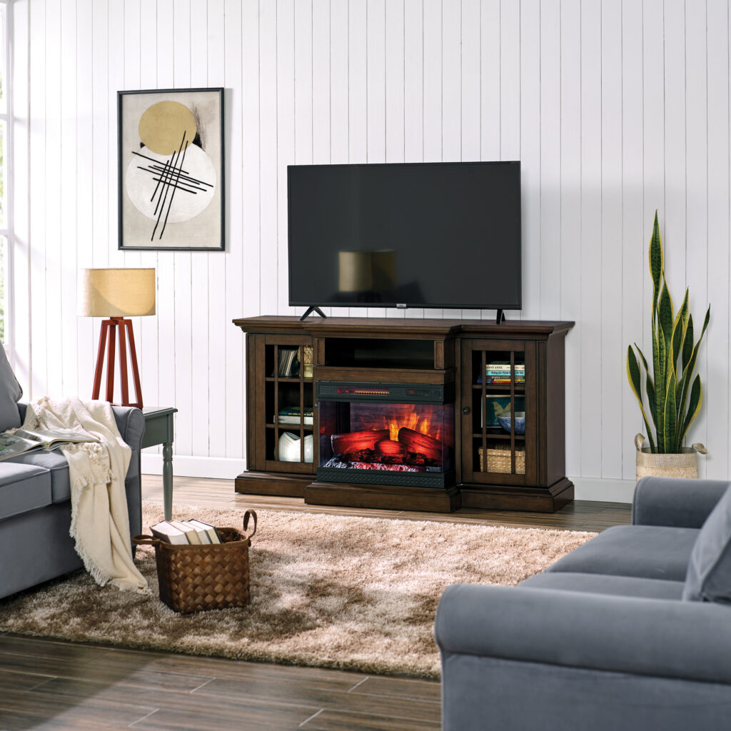 three sided glass display of the electric fireplace provides a breathtaking view from any angle